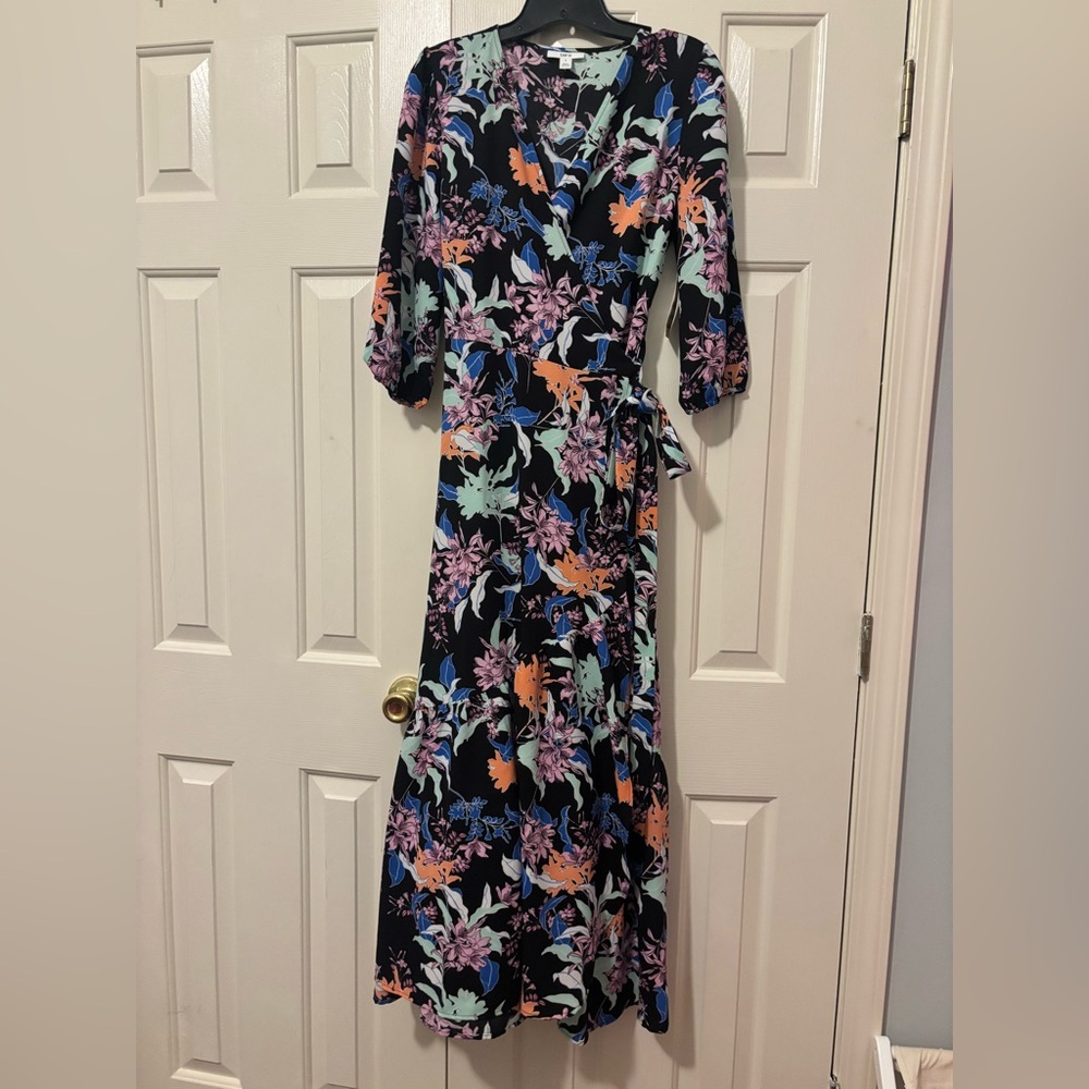 Floral Wrap Dress with 3/4 Length Sleeves